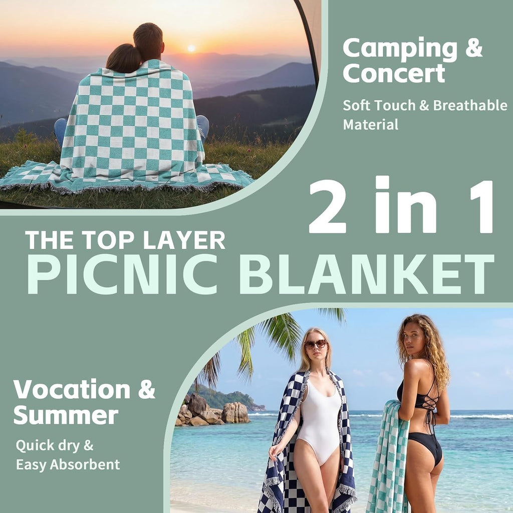 RYCHIC 2 in 1 Extra Large Boho Beach Blanket Towel Picnic Rug Camp Mat Family Trip Essentials Summer Vacation Must Have Travel Accessories Lake Day Necessities Thing Need Gear Gift Item Gadget 2026