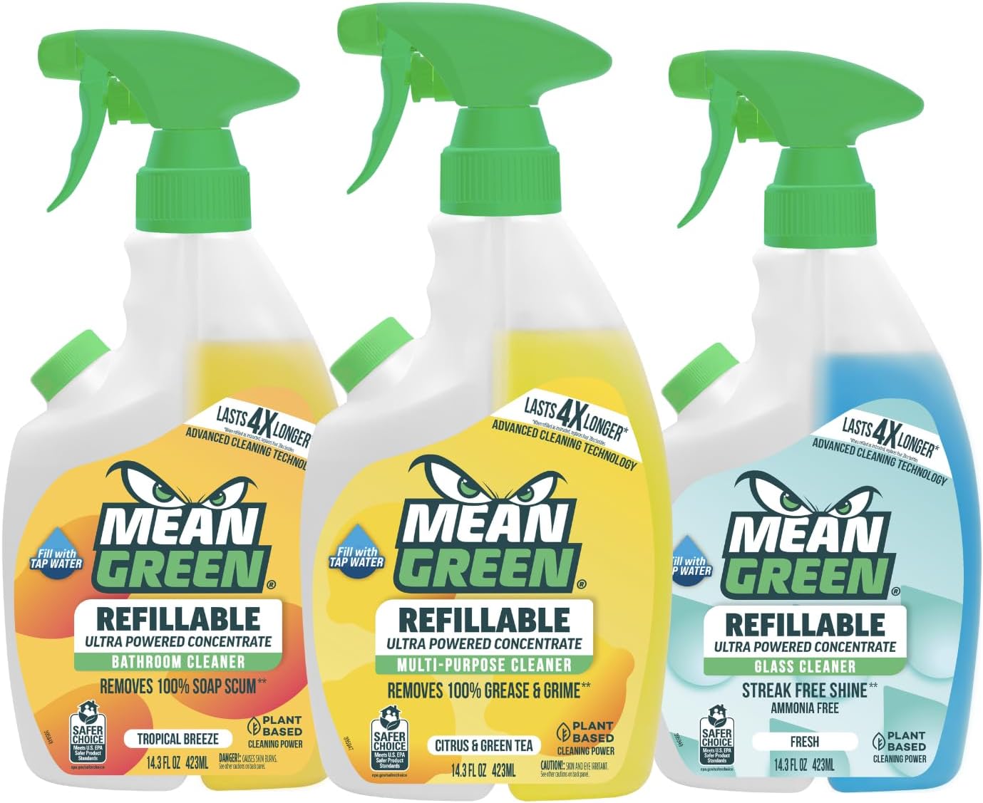 Mean Green Ultra Powered Refillable Cleaner Concentrate Variety 3 Pack – Multi-Purpose Citrus & Green Tea, Bathroom Tropical Breeze, Glass Fresh – 14.3 fl oz Each