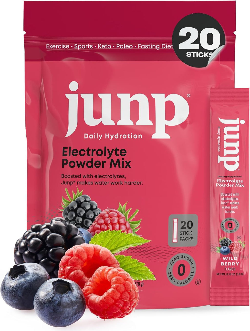 JUNP Sugar Free Electrolytes Powder Packets for Water Instant Hydration Packets with Salt & Potassium, Zero Calorie, No Carbs No Sugar Electrolyte Drink Mix Sticks, Keto Friendly, Wild Berry 20 Pack