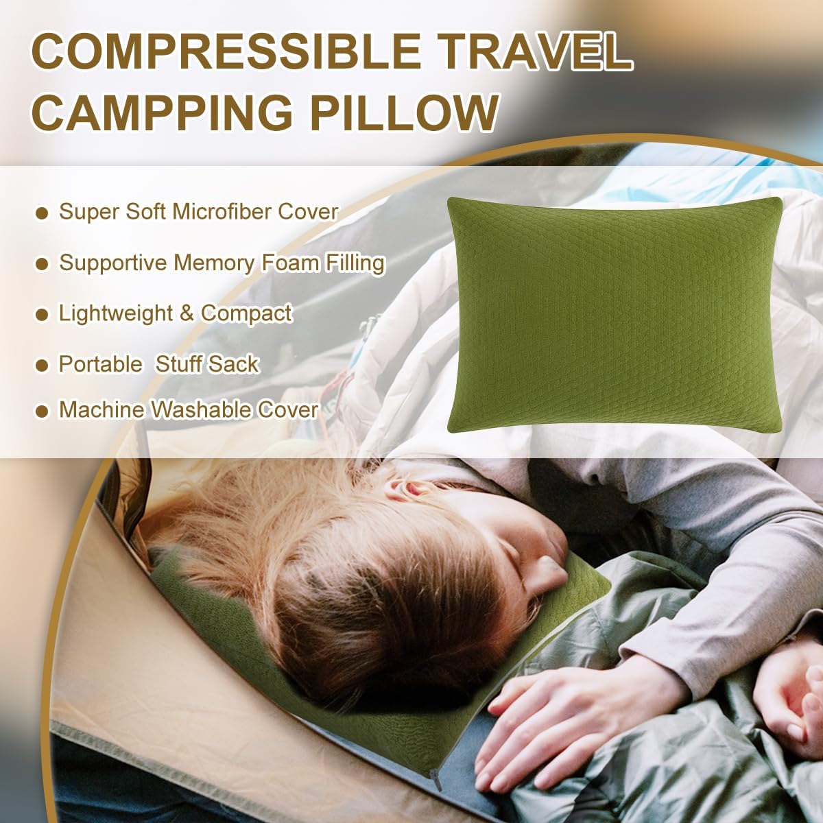 Ivellow Memory Foam Travel Pillow,Small Camping Pillow for Sleeping,Avocado