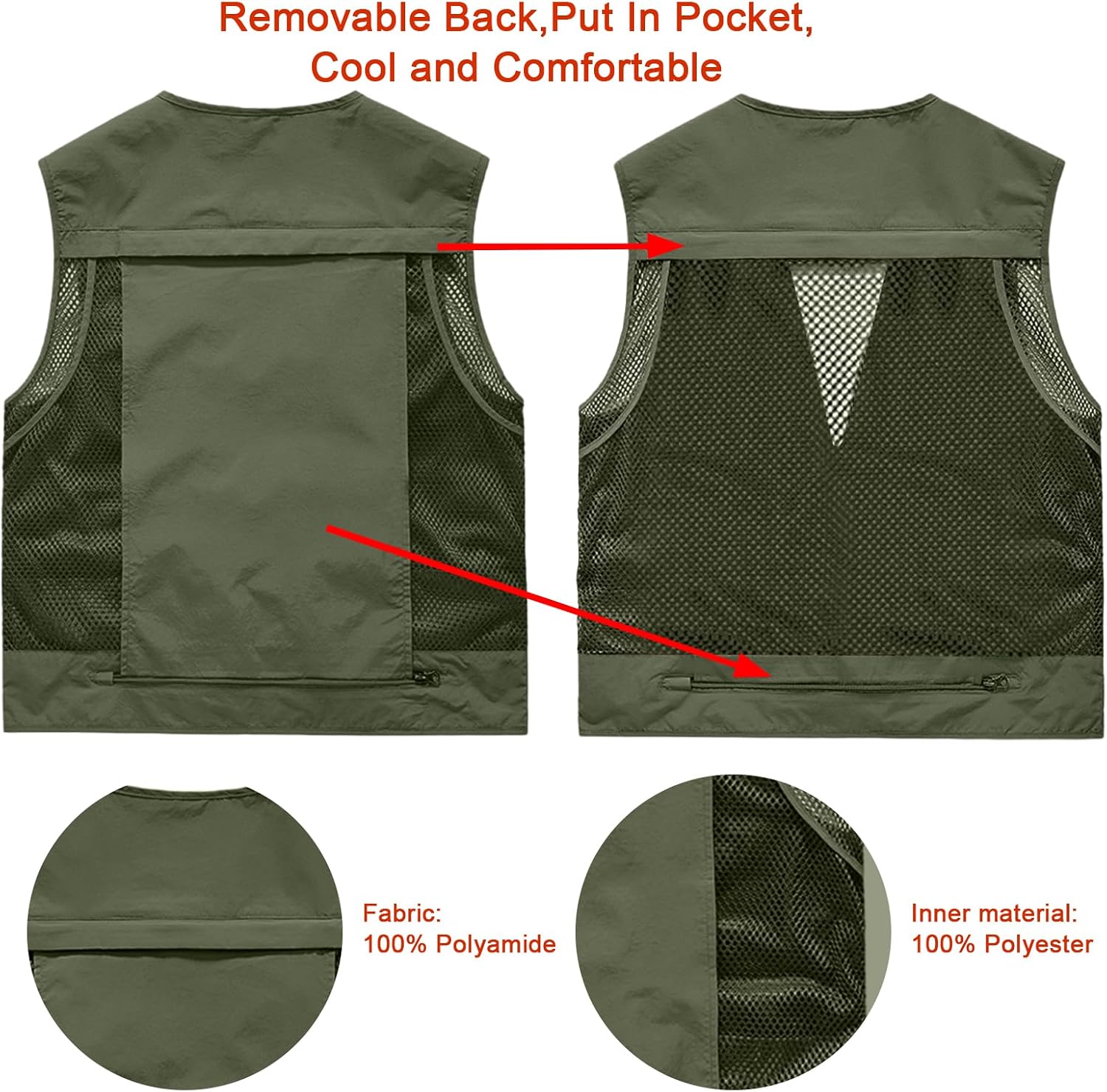 Mens Outdoor Vest Breathable Quick-Dry Fishing Vest Camping Hiking Lightweight Vest with Multi-Pocket