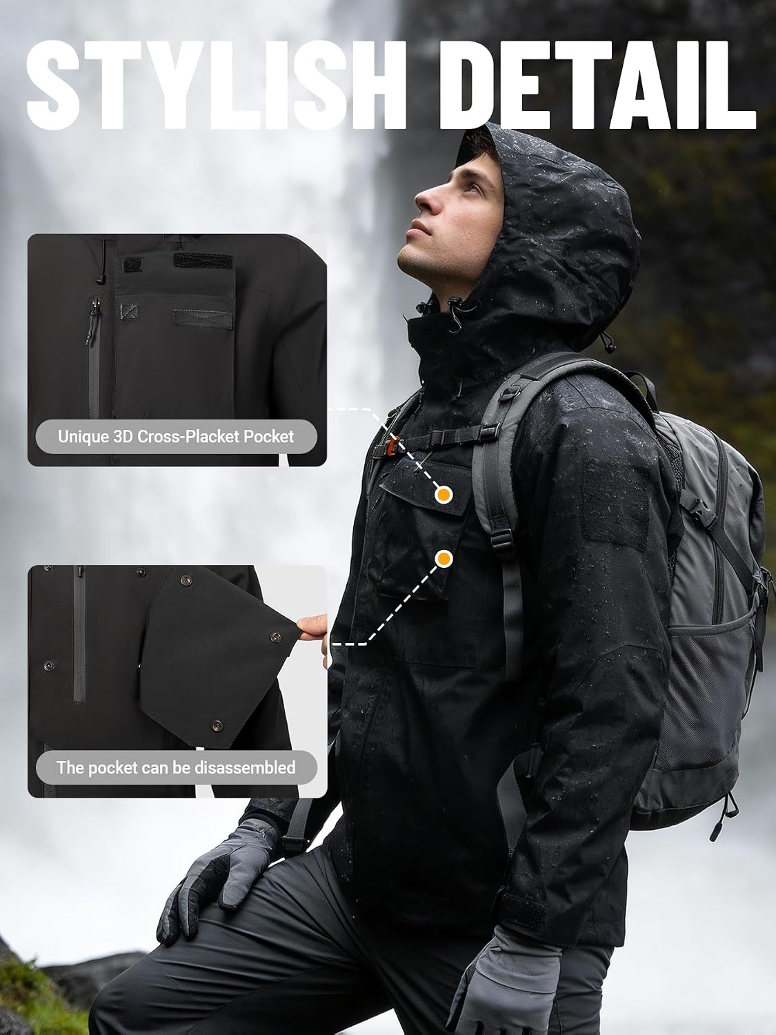 Men's Waterproof Tactical Jacket Lightweight Hooded Raincoat Stain Resistant Breathable Outdoor Shell