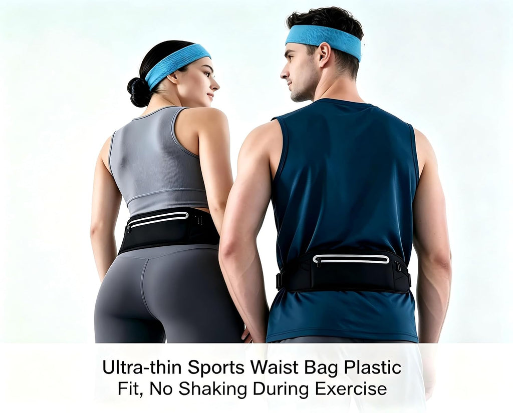 2 in 1 running set | running belt + moisture sweat headband, ultra-thin invisible shock proof waist bag, three pockets belly bag, suitable for fitness, jogging, hiking