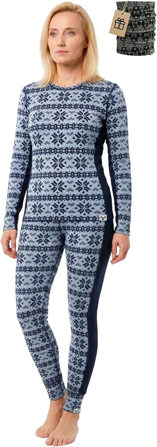 100% Merino Wool Base Layer Set Women - Thermal Underwear Long Johns PJs