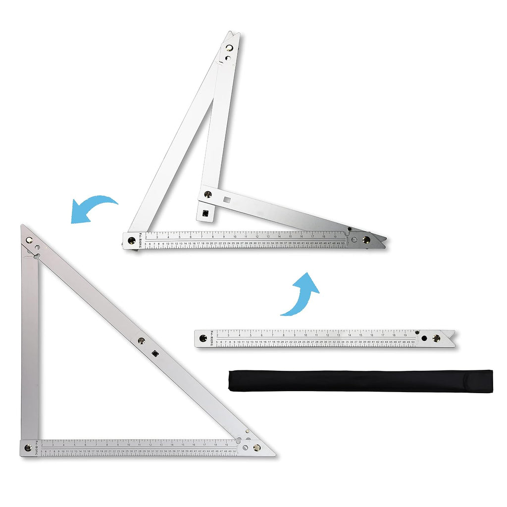 FEI-RONG 24 Folding Square - Aluminum & Carbon Steel Framing Square | 45-90 Degree Adjustable Angle Ruler for Roofing, Stair Work, Woodworking | Includes Carrying Case