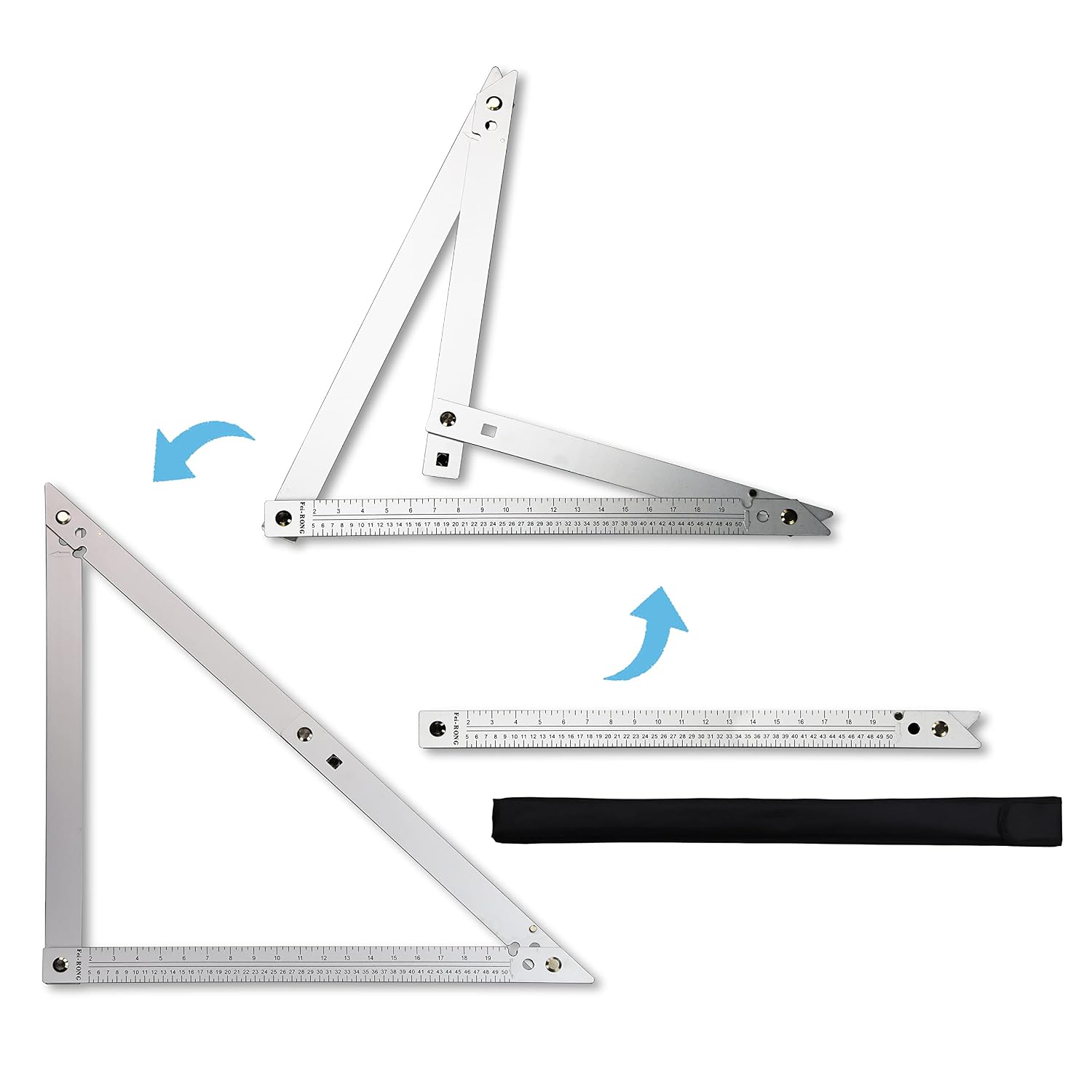 FEI-RONG 24 Folding Square - Aluminum & Carbon Steel Framing Square | 45-90 Degree Adjustable Angle Ruler for Roofing, Stair Work, Woodworking | Includes Carrying Case