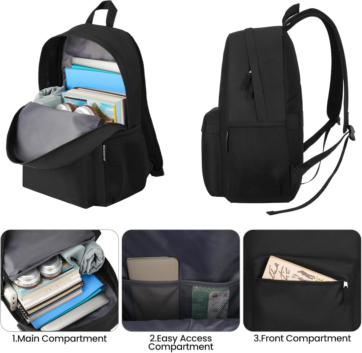 ZUBOND Unisex Black Backpack for School & Travel - Lightweight Laptop Backpack Fits 15.6 Inch Notebook, Water Bottle Pocket - Ideal for Teens, College Students, Adults