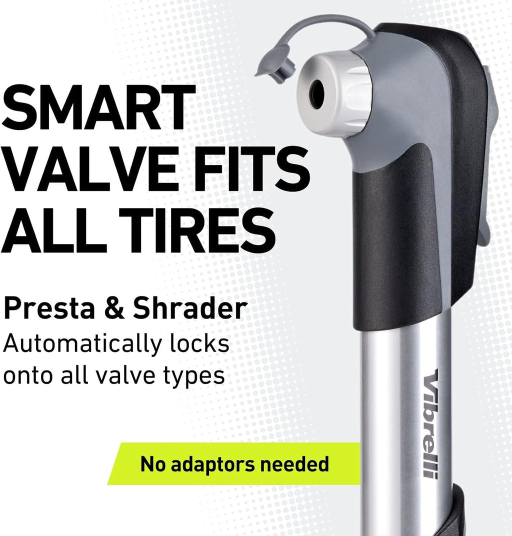Vibrelli Mini Bike Pump - Presta & Schrader Bicycle Pump - 120 PSI Tire Pump for Road & MTB - No Valve Changing Needed