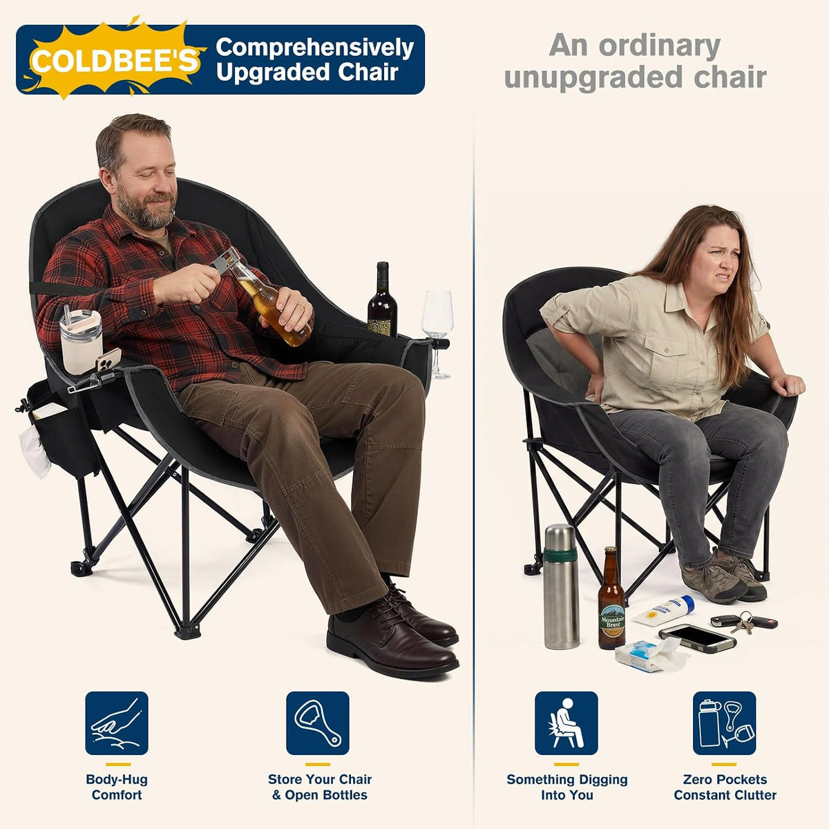 Coldbee Oversized Camping Chairs, Heavy Duty Padded, Thick Headrest, Black
