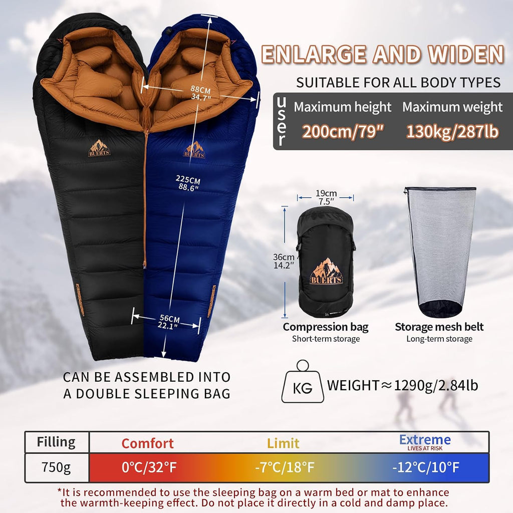 Down Backpacking Sleeping Bag.Cold Weather Sleeping Bag 30°F 20°F 10°F (Multiple Temperature Options), XL Large 4 Season Sleeping Bag for Adults Camping Hiking Mountaineering