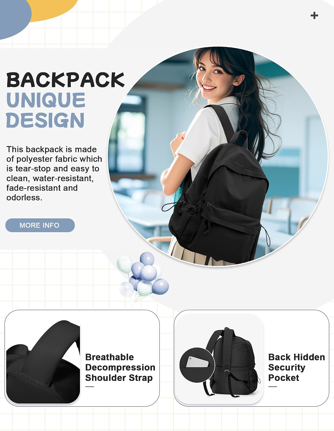Black School Backpack for Girls Women Waterproof High School Book Bag Cute Backpack for Men Teens Boys, Lightweight Simple Middle School Back Pack Daypack