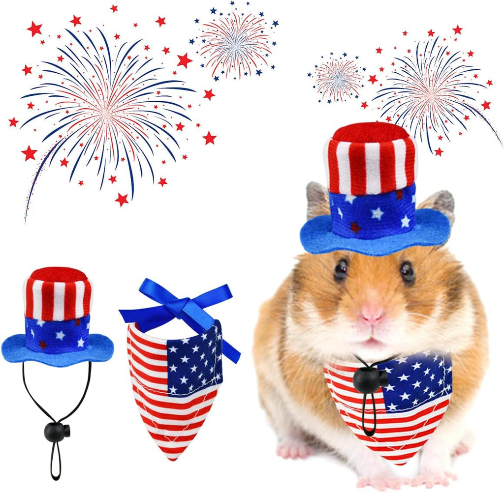 4 Pcs Pet Independence Day Costume 4th of July Guinea Pig Hat and Bandana Uncle Sam Rabbit Hat American Flag Small Animals Hat Bandana Triangle Bib Scarf with Stars and Stripes Pattern (S)