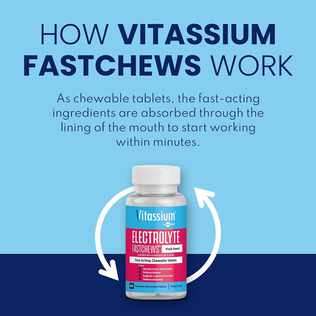 Vitassium FastChews, Chewable Electrolyte Tablets for Management of POTS and High Sodium Diets, Fast-Acting Sodium Tablets, Fruit Punch, 60 Count