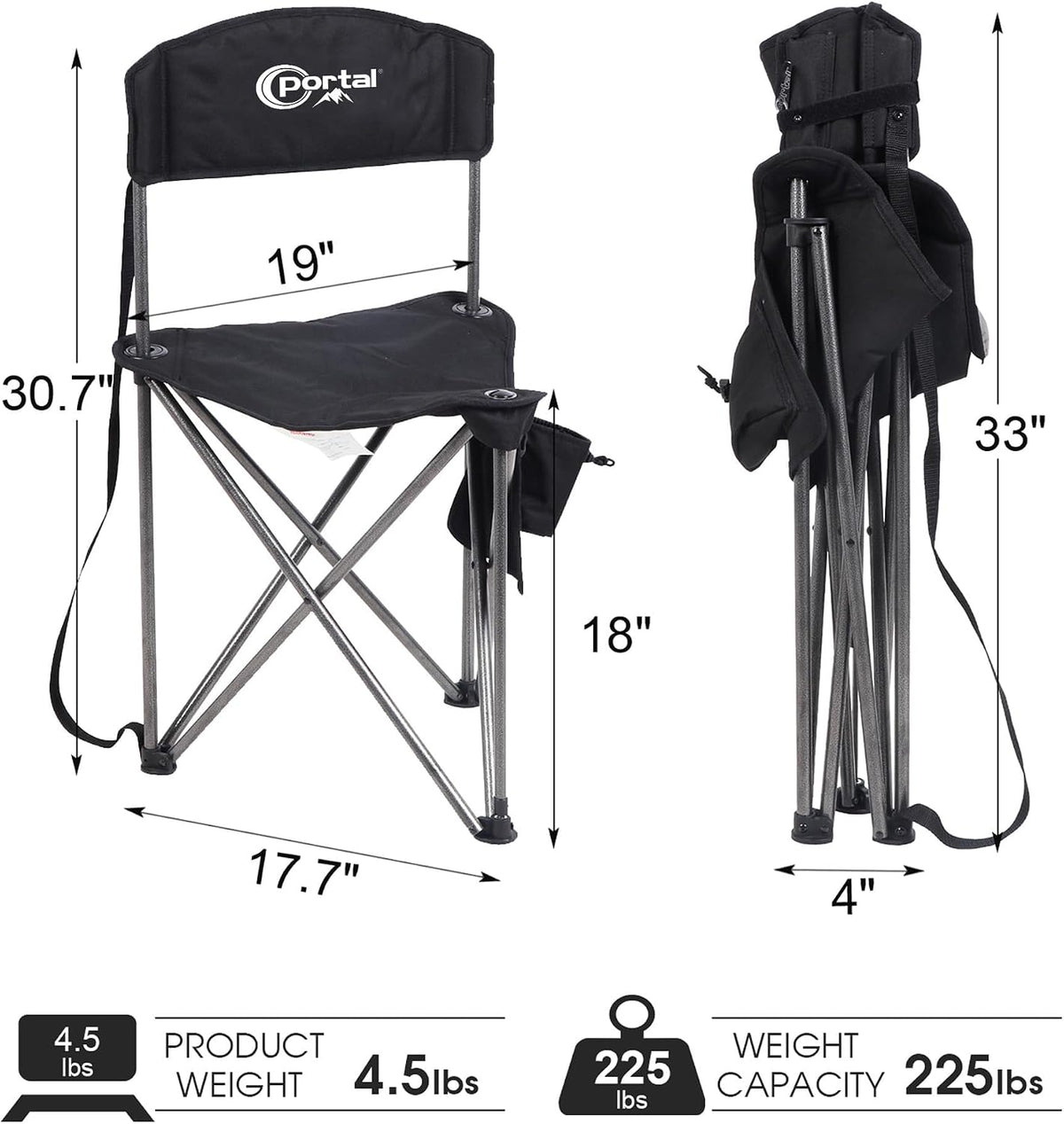 Portal Extra Large Quick Folding Tripod Stool with Backrest Fishing Camping Chair with Carry Strap