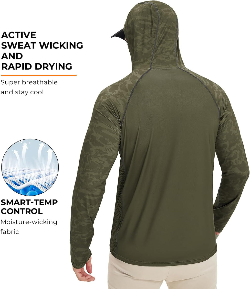 Rodeel UPF 50+ Men’s Long Sleeve Performance Fishing Hiking Shirt with Mask UV Neck Gaiter Hoodie