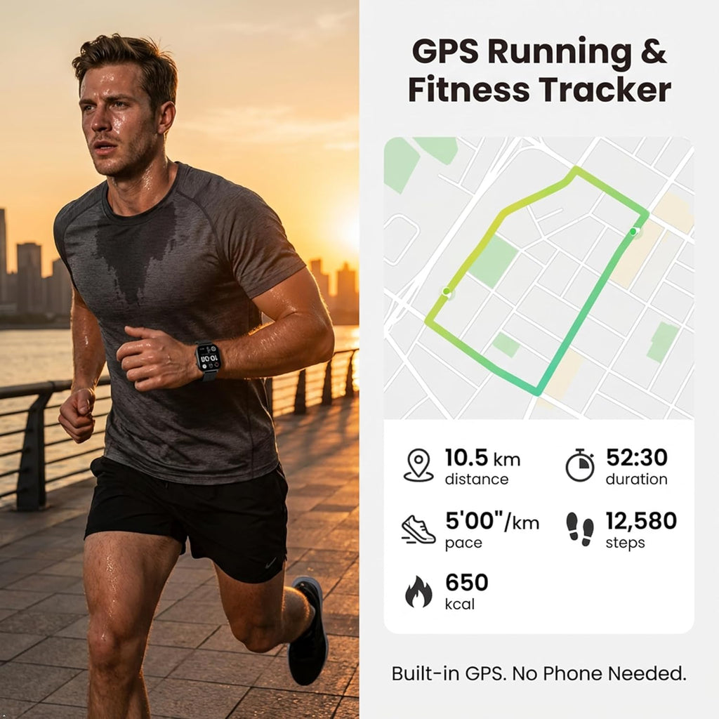 2026 Distance & Pace GPS Running Watch for Runners - Call & Text, AMOLED Large Screen, 50m Waterproof Swimming, Calorie & Step Counter, 2 Bands, Long Battery, for Seniors Men Women (Black)