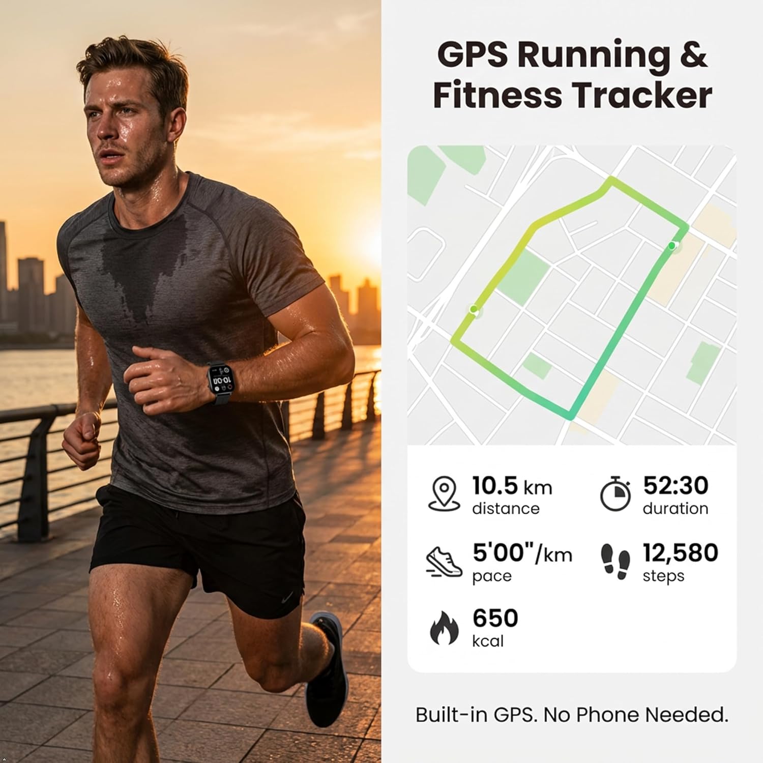 2026 Distance & Pace GPS Running Watch for Runners - Call & Text, AMOLED Large Screen, 50m Waterproof Swimming, Calorie & Step Counter, 2 Bands, Long Battery, for Seniors Men Women (Black)