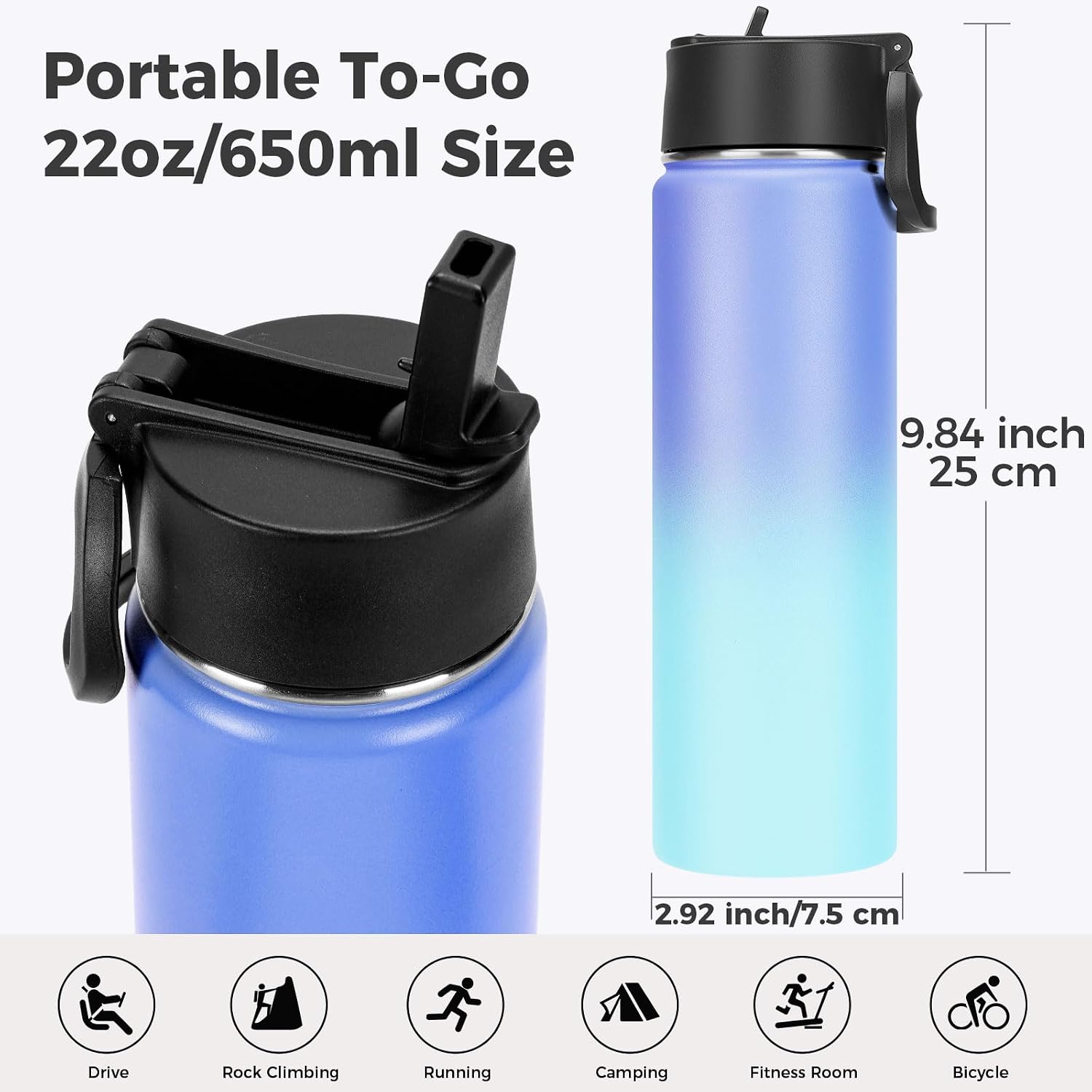 Neihepal 22 oz Insulated Water Bottles Bulk, Double Walled Vacuum Stainless Steel Water Bottle Multipack with Leak Proof Straw Lid for Men, Adults, Kids, Gym, Sports (Purple Blue,4 Pack)
