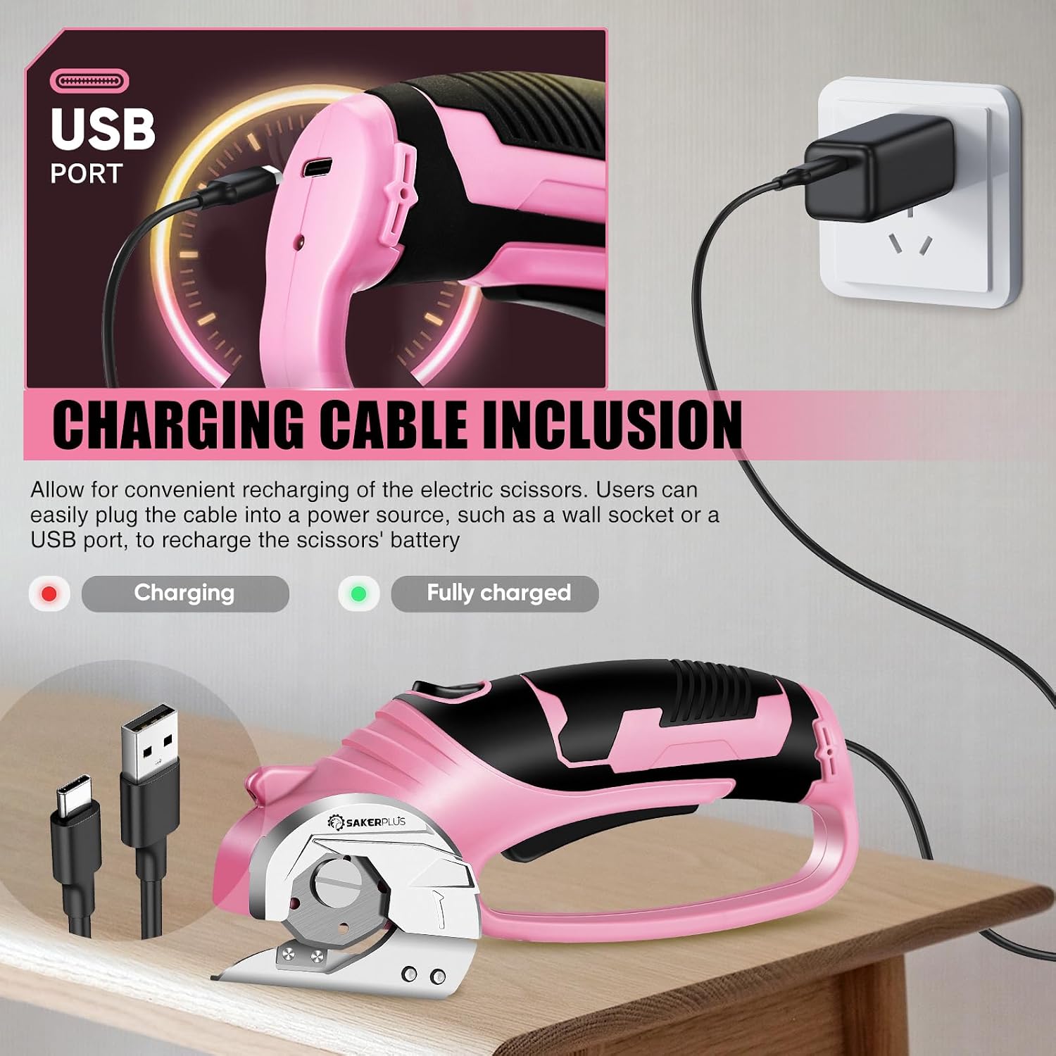 SakerPlus Cordless Electric Scissors,4V Rechargeable Cardboard Box Cutter Heavy Duty Fabric Scissor with Safety Lock & LED Light,Power Rotary Cutter for Leather Carpet Plastic Cutting,Sewing,Crafting
