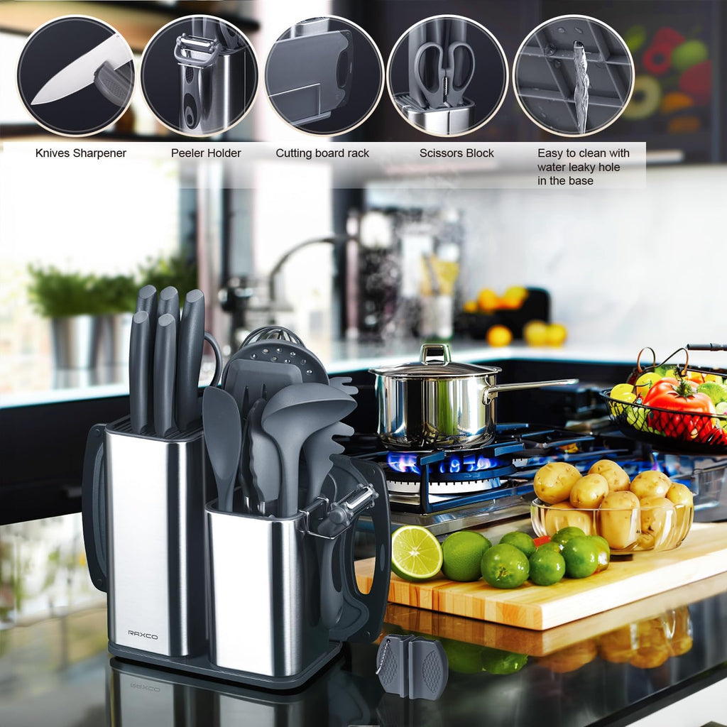RAXCO Kitchen Set,18-Piece Cooking Utensils and Kitchen Knife Set,Gray