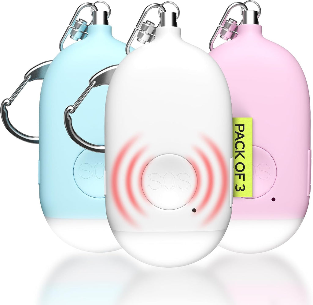 Weten Rechargeable Personal Alarm Keychain - 130dB Siren, LED Light - 3Pack Personal Safety Alert for Women to Carry - Panic Button Alarm for Security - Rape Whistle for Self Defense (Pink&Blue&White)