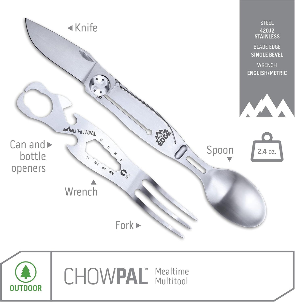 Outdoor Edge ChowPal - Mealtime Multitool with Folding Knife, Fork, Spoon, Bottle Opener, Can Opener, Graduated Wrench, and Screwdriver - 100% Stainless Steel Construction with Nylon Storage Pouch