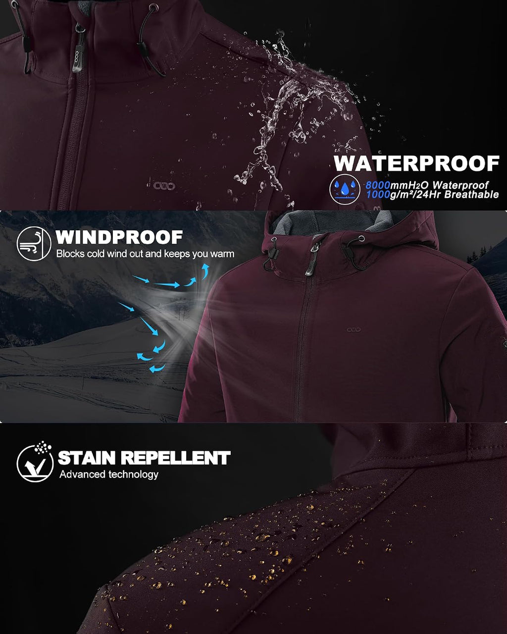 33,000ft Men's Hooded Fleece Lined Rain Shell Jacket Waterproof Lightweight