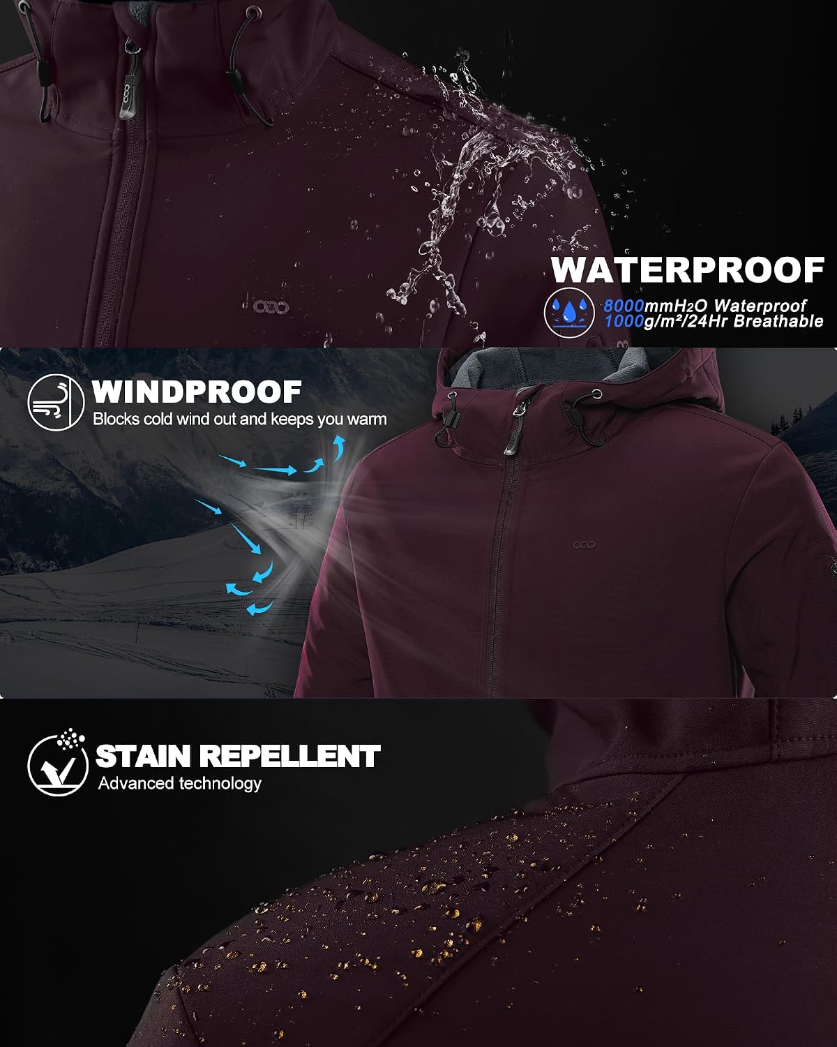 33,000ft Men's Hooded Fleece Lined Rain Shell Jacket Waterproof Lightweight