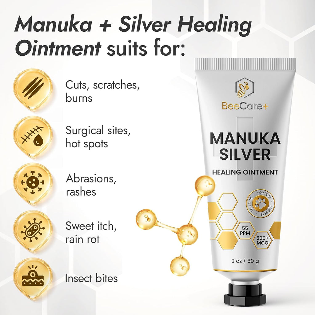 Manuka Honey Ointment 500+ MGO – Dog Hot Spot Treatment for Scratches, Burns, Irritations – Cat Wound Care with 55-PPM Colloidal Silver for Dogs – Manuka + Silver Healing Ointment in a 2-oz Tube