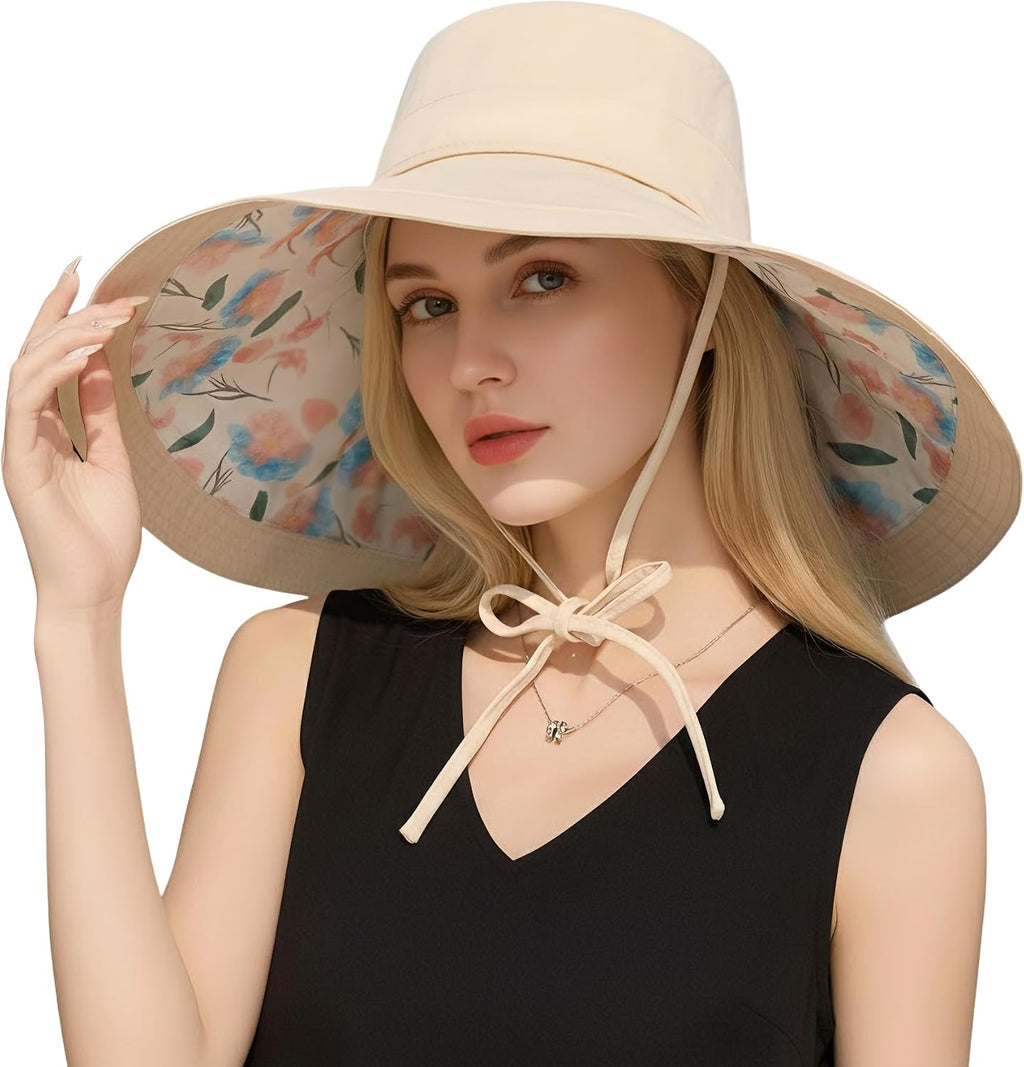Wide Brim Sun Hat for Women Reversible Beach Hats Metal Wired Edge Gardening Hats, UPF 50+ Bucket Summer Hat
