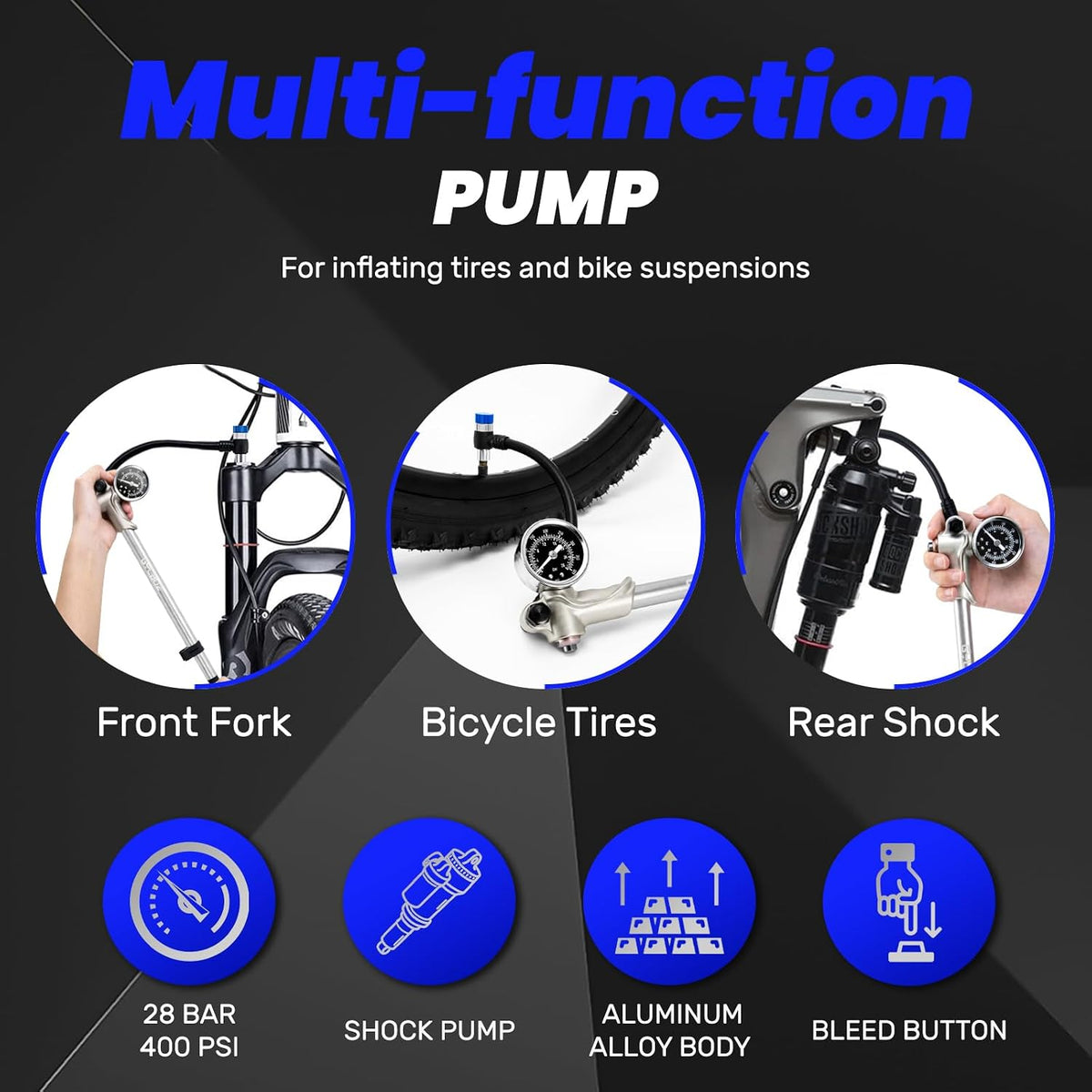 High Pressure Shock Pump, Bike Shock Air Pump with Gauge 400 PSI