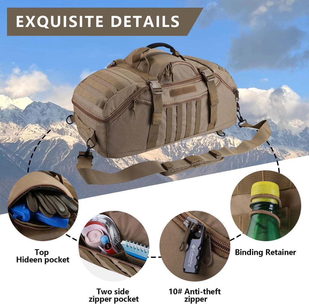 Hannibal Tactical 65L Large Duffle Bag, 3-in-1 Tactical Backpack MOLLE Pack for Sports, Gym, Outdoor, Coyote