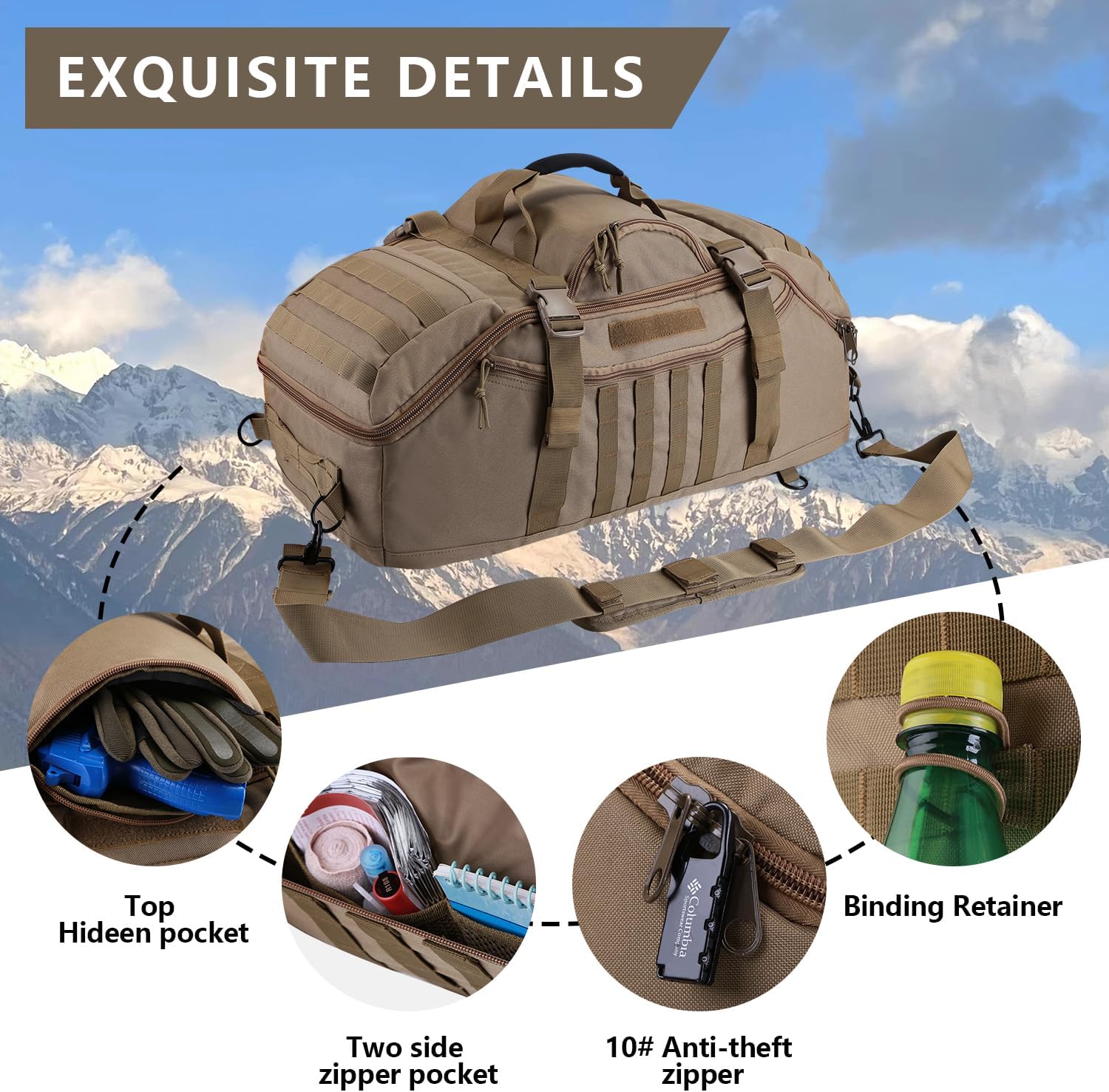 Hannibal Tactical 65L Large Duffle Bag, 3-in-1 Tactical Backpack MOLLE Pack for Sports, Gym, Outdoor, Coyote
