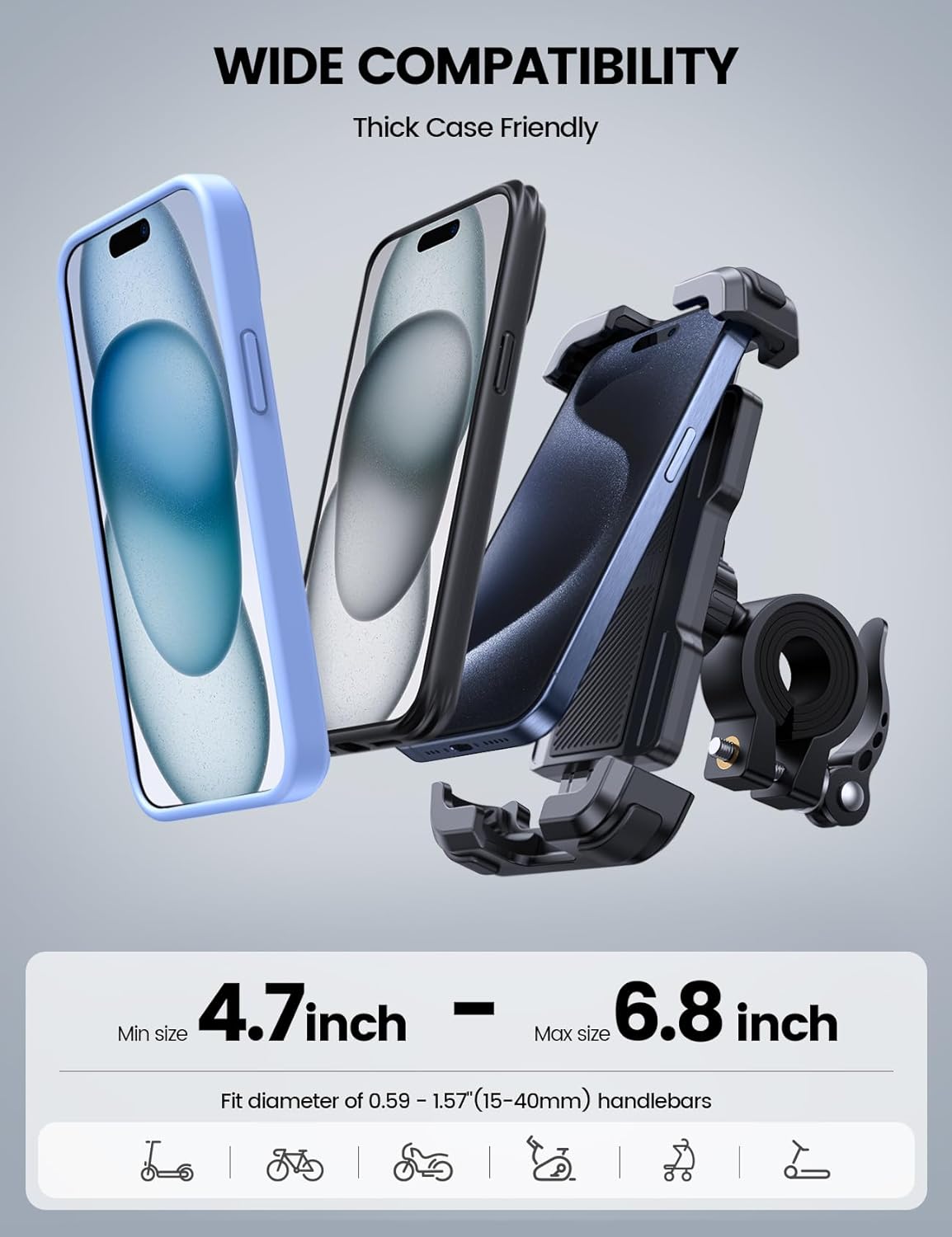 Lamicall Bike Phone Mount Holder - Motorcycle Phone Mount, Adjustable Cell Phone Holder Gifts, E-Bike Bicycle Scooter Handlebar Cradle Clip for iPhone Air 17 Pro Max, 16 15 Plus, 14, 4.7-6.8" Phone