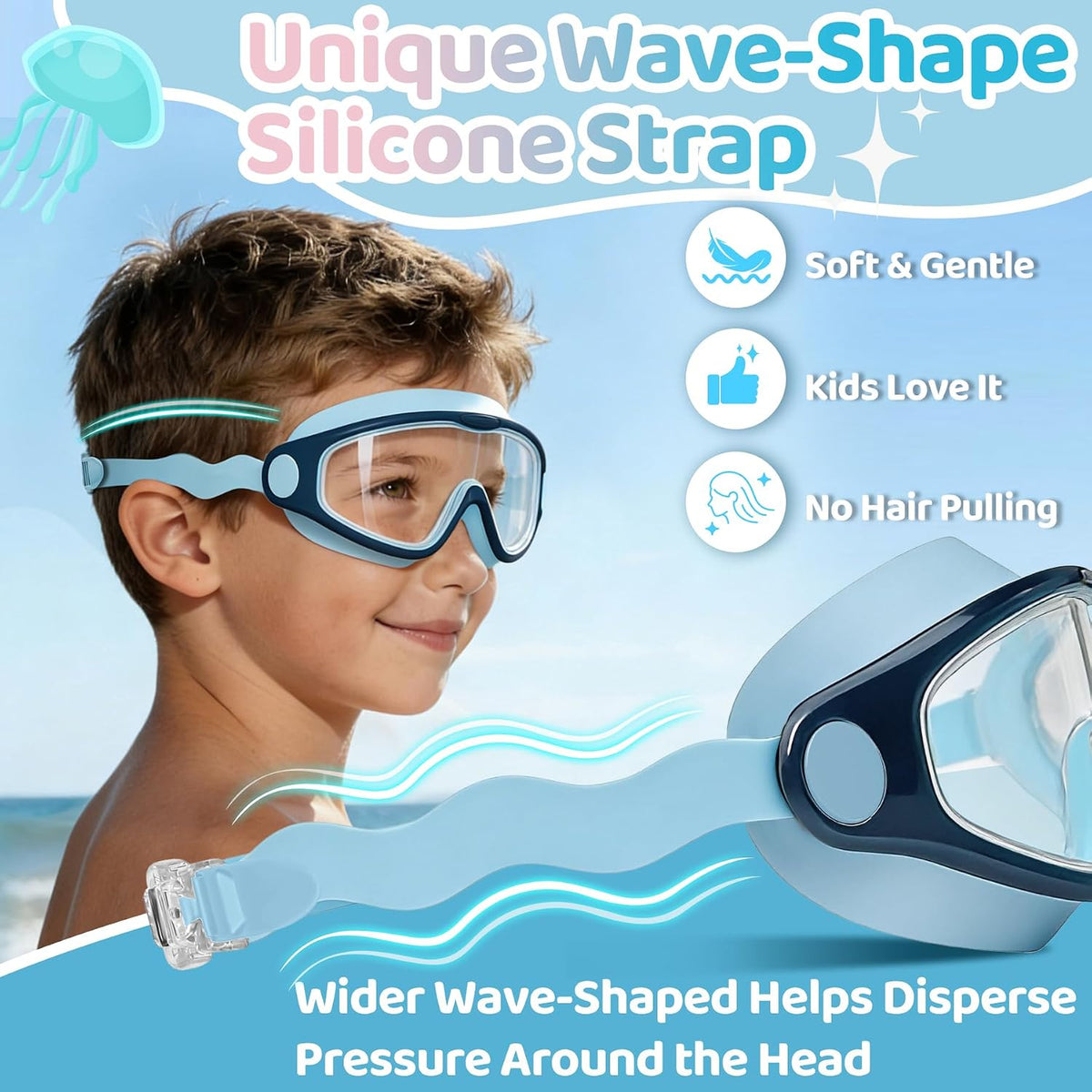 Vvinca Kids Swim Goggles for 3-15，Kids Goggles with Wave-Shape Strap