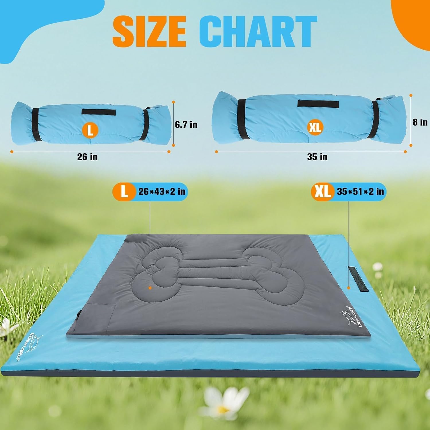 EXPAWLORER Outdoor Travel Dog Bed, Portable Waterproof Reversible Camping Durable Dog Pad, Easy to Roll Up with Buckle Large Washable Pet Mat for Medium Large Dogs Puppy Cats Sleeping Outside 35"x51"