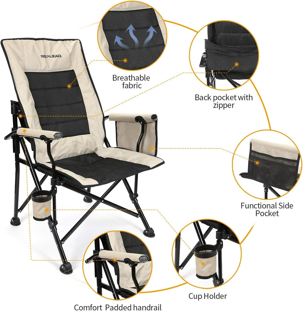 REALEAD Camping Chairs for Adults with Adjustable Backrest & Lumbar Support