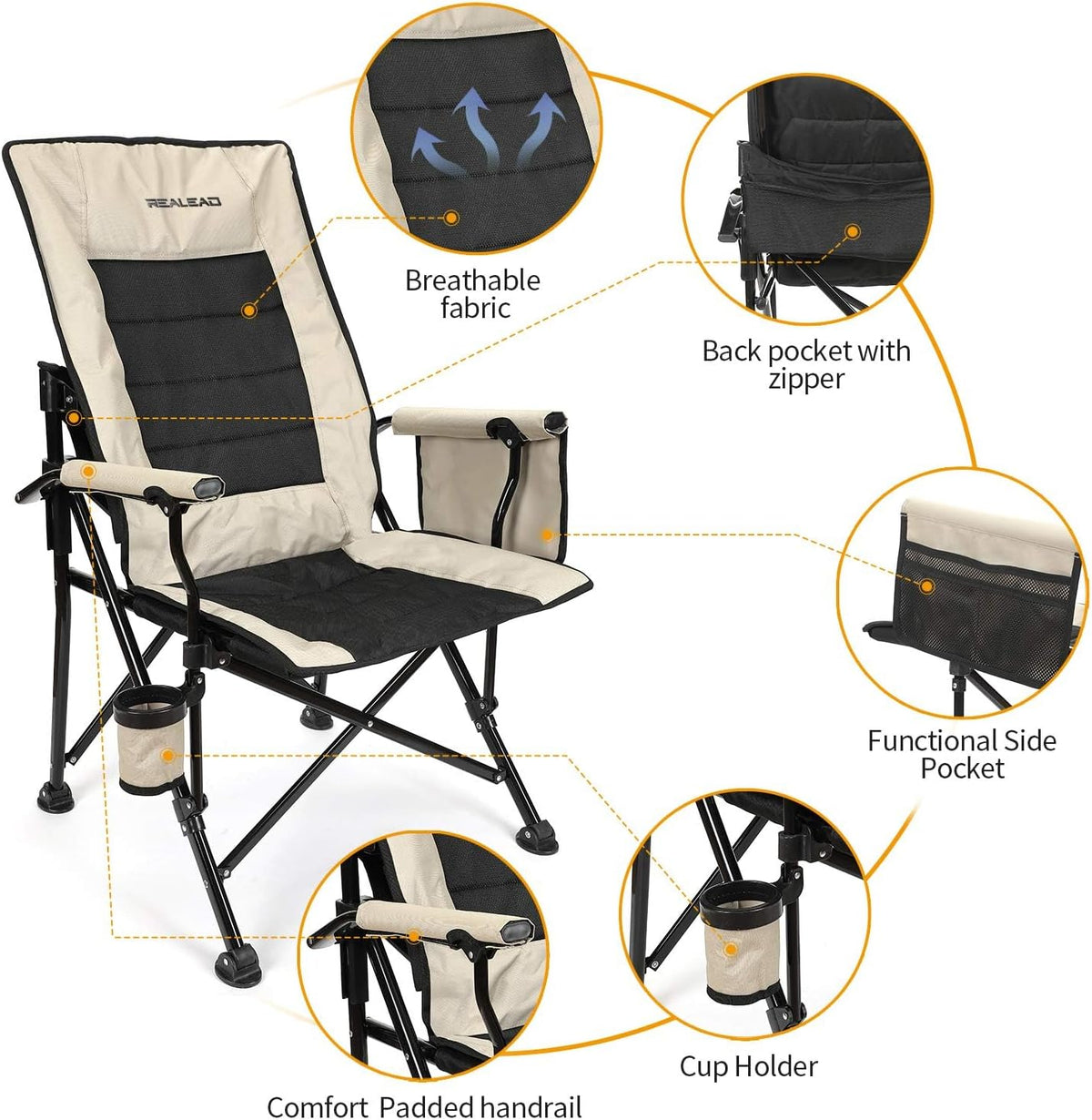 REALEAD Camping Chairs for Adults with Adjustable Backrest & Lumbar Support