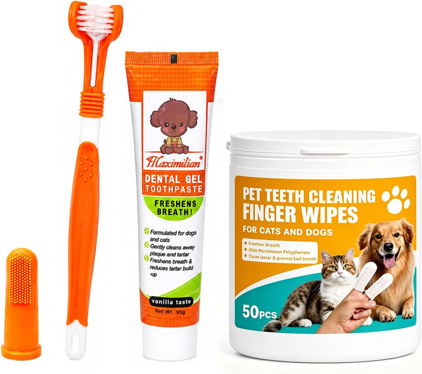 Dog Tooth Brushing Kit for Teeth Cleaning – Beef Toothpaste, Brush & 50 Finger Wipes
