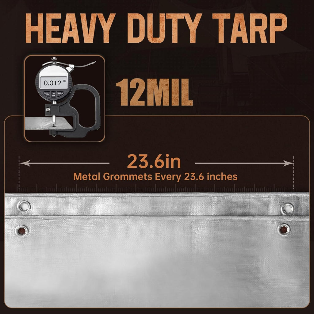 Tarp Heavy Duty 15x15 FT, 12 Mil Thick Large Tarps Water-Proof with Grommets, UV& Tear Resistant, Plastic Cover for Pool Roof Tent Outdoor Firewood, Silver& Brown