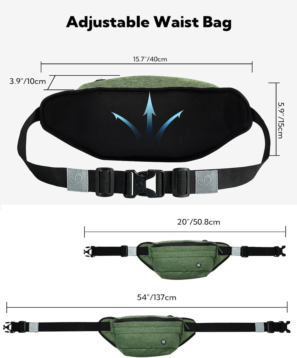 WATERFLY Fanny Pack for Men Women Water Resistant Large Hiking Waist Bag Pack Carrying All Phones for Running Walking Traveling (Green), (ONJ05)