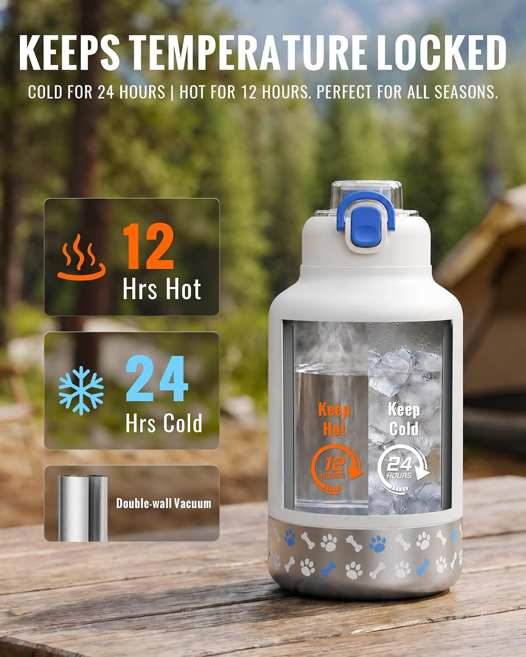 GiNT 37oz Insulated Stainless Steel Dog & Human Water Bottle, All-in-1 Travel Dispenser with Detachable Bowls & Carrying Case, Leak-Proof Pet Canteen for Walking, Hiking, Camping, Car (White)