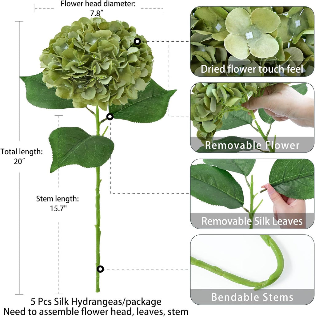 ZYTUYO 5 Pcs Silk Green Hydrangea Artificial Flowers - 20'' Faux Hydrangeas for Spring Indoor/Outdoor Home Decor & Wedding Arrangement