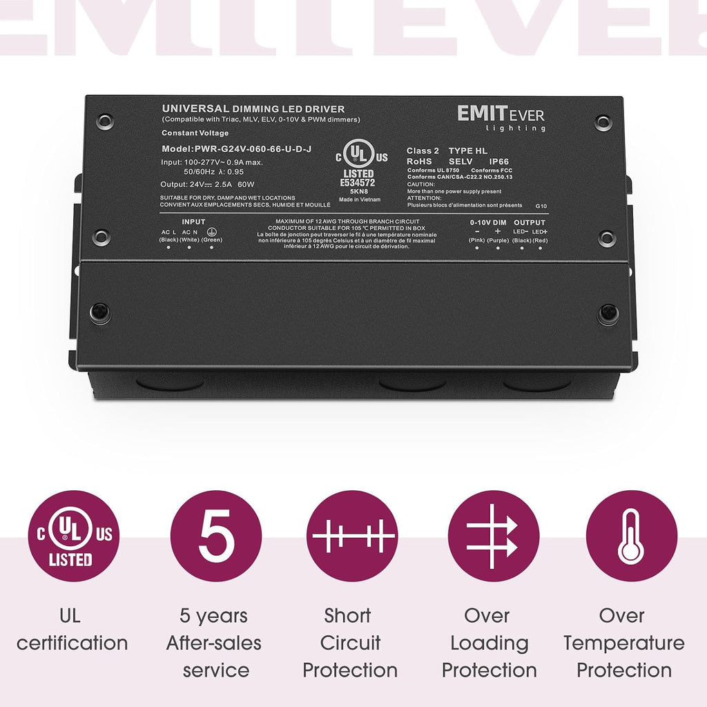 EMITEVER 2-Pack 60W 24V 5-in-1 Dimmable LED Driver, AC 110-277V to DC