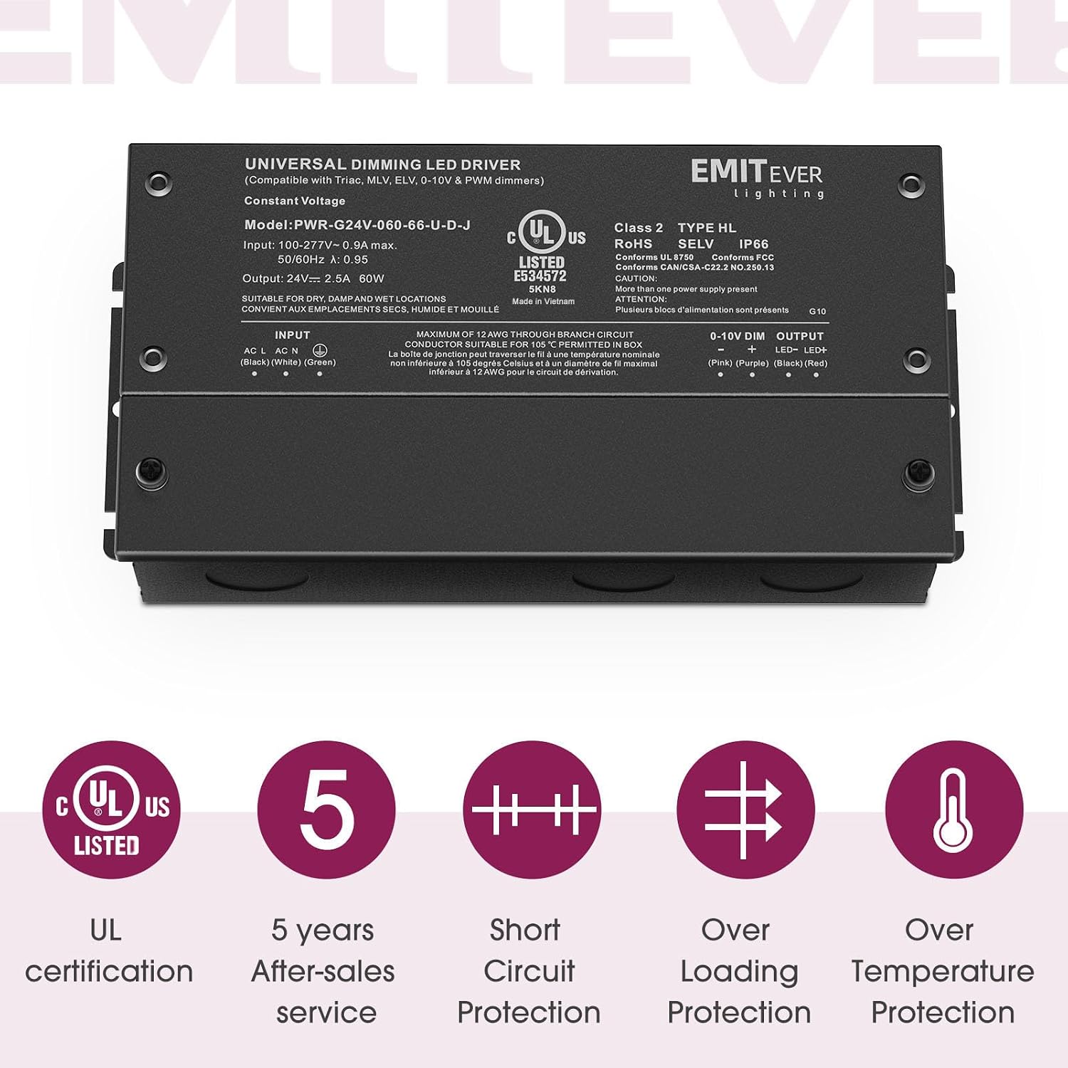 EMITEVER 2-Pack 60W 24V 5-in-1 Dimmable LED Driver, AC 110-277V to DC