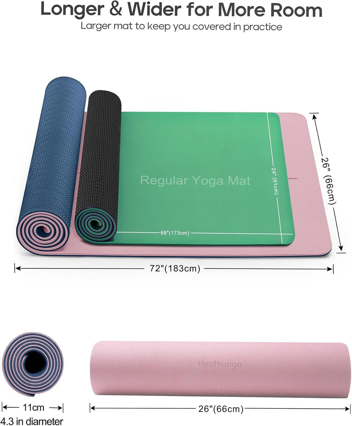 Heathyoga Yoga Mat Non Slip TPE Pilates Exercise Mats for Home Workout Gym Fitness Eco Friendly Thick Hot Yoga Mat with Strap Body Alignment,72"x 26" Thickness 1/4"