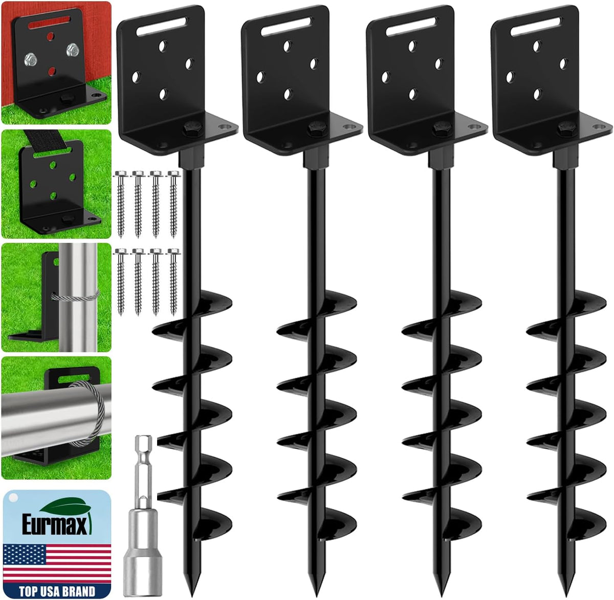 Eurmax USA 4 Pack Heavy Duty Ground Anchors, Rust-Proof L-Shaped Screw-in Spiral Ground Stakes for Trampoline, Shed, Swing Set & Carport,High Wind Resistant Metal Auger Anchors (Black)
