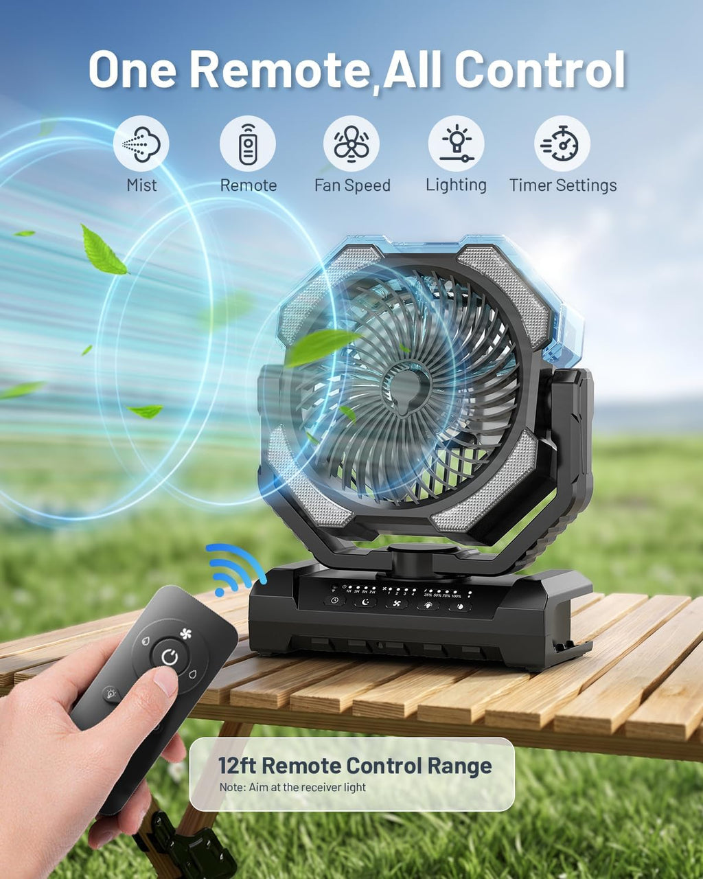 Misting Fan, Portable Camping Fans with 9oz Water Tank, 24000mAh Rechargeable Fan with 4 Speed, Battery Powered Fans with 120H Cooling, Last 5H Mist, 2 Mist Modes, Light, Outsides/Summer Essential