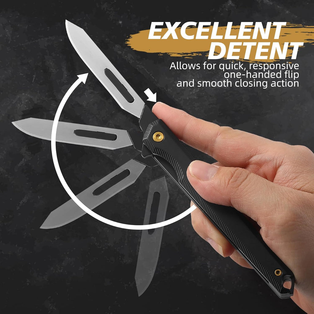 Folding Scalpel Knife, Mini Slim Pocket Knife with 10pcs #60 Scalpels Replaceable Blades, EDC Utility Knife with Liner Lock, Pocket Clip, Ideal Gifts for Men and Women（Black）