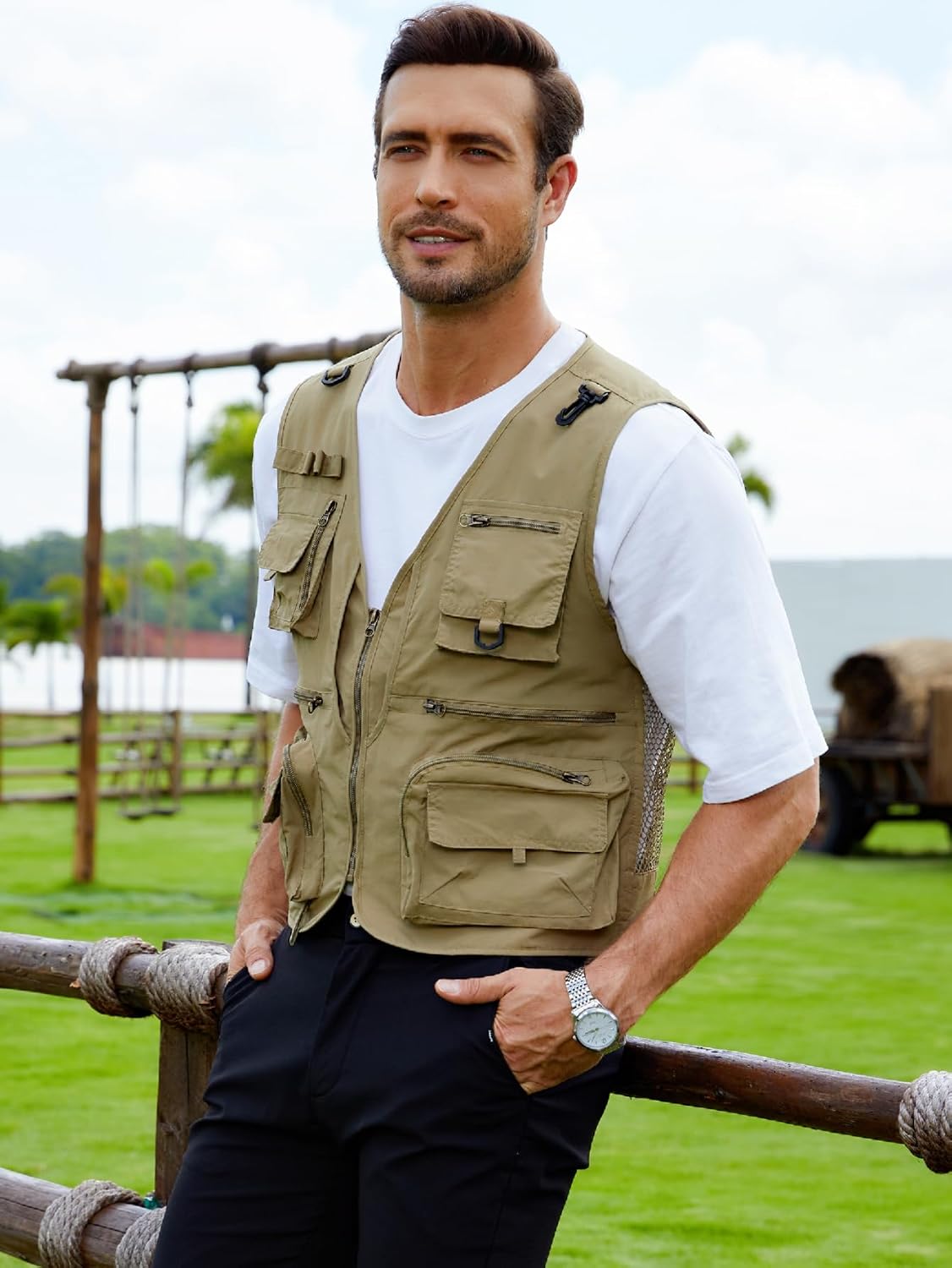 Gihuo Mens Fishing Vest Lightweight Utility Vests Cargo Outdoor Safari Travel Vest with Pockets